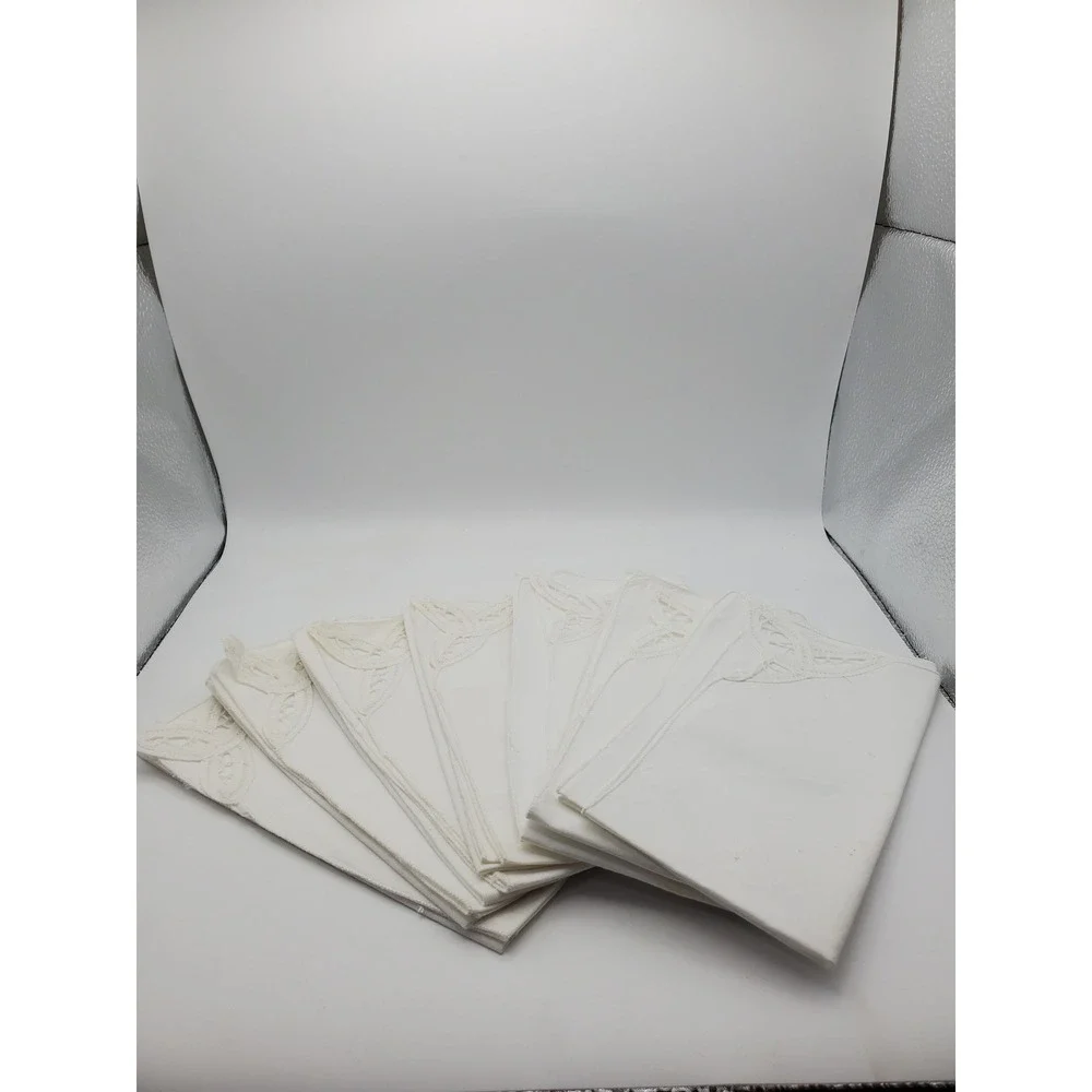 Vintage Mid-Century White Linen Cutwork Napkins - Set of 8